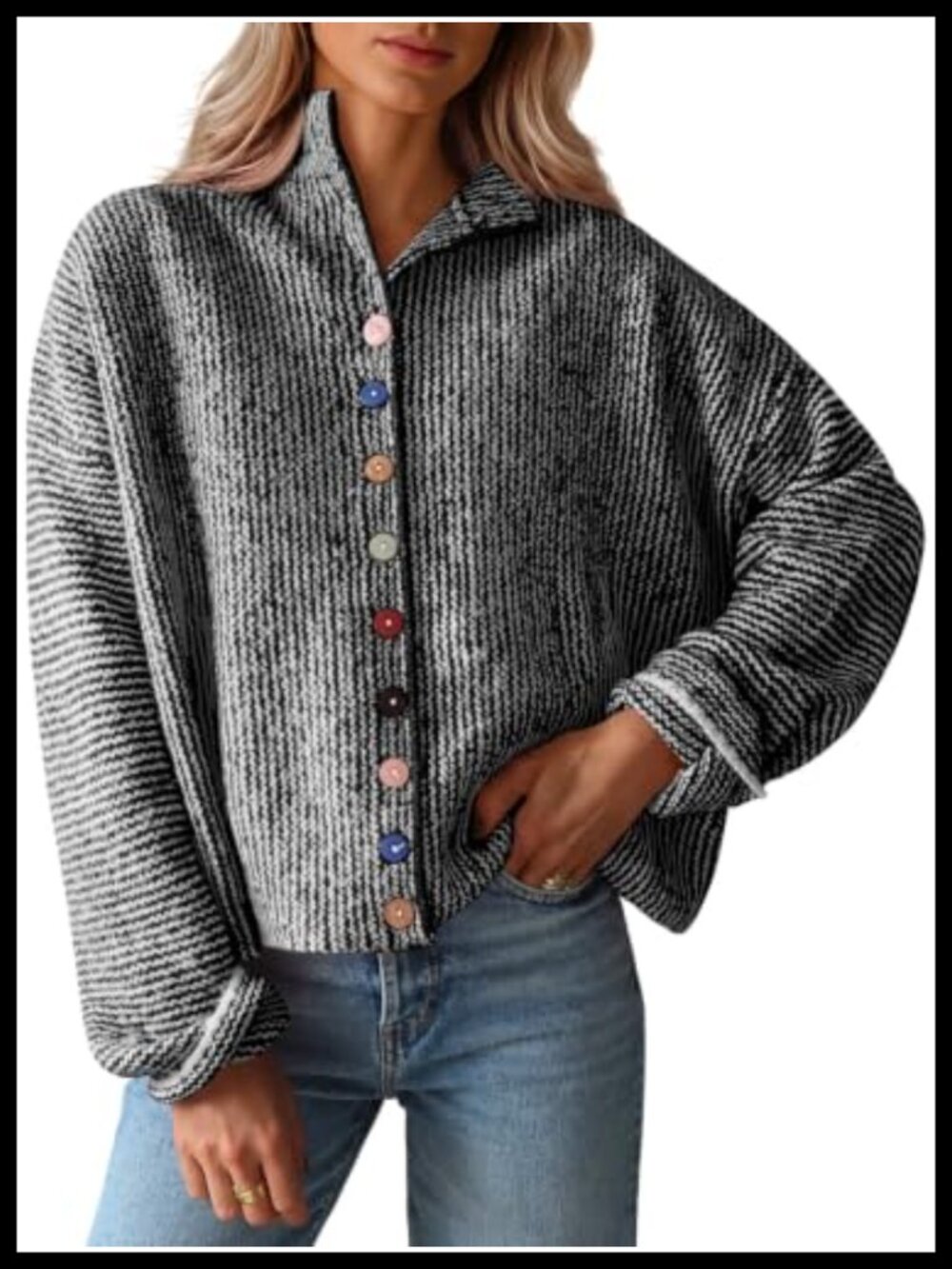 Womens Striped Cardigan Long Sleeve Knit Sweater Button Down